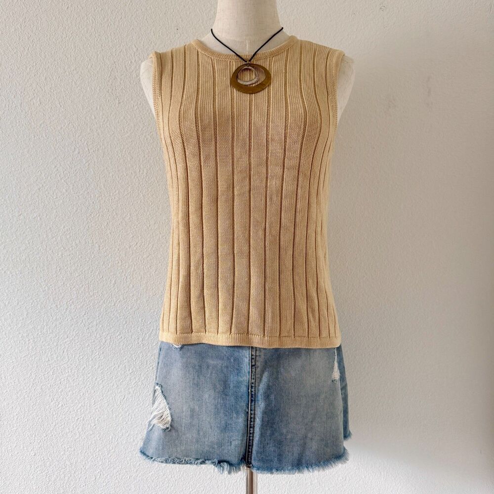 90s Vintage Talbot's Tan Ribbed Knit 100% Silk Tank Top Boho Fairy Y2K Size L